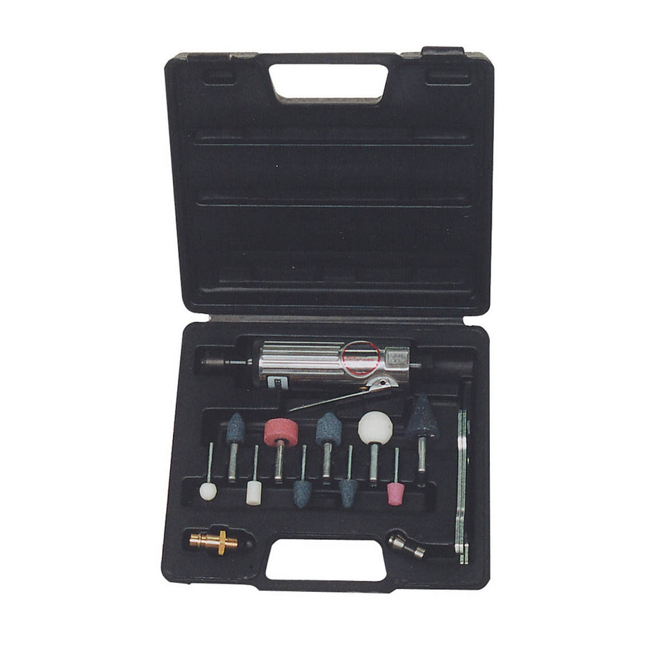 Wellmade Die Grinder Kit - 1/4"-W5200-K. Front view of black case with Die Grinder and stones on the bottom half.