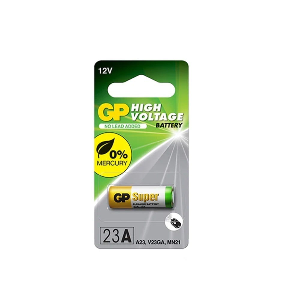 Battery A23 Alkaline HV Single-A23. Front view of battery in blister pack with grey and green cardboard.